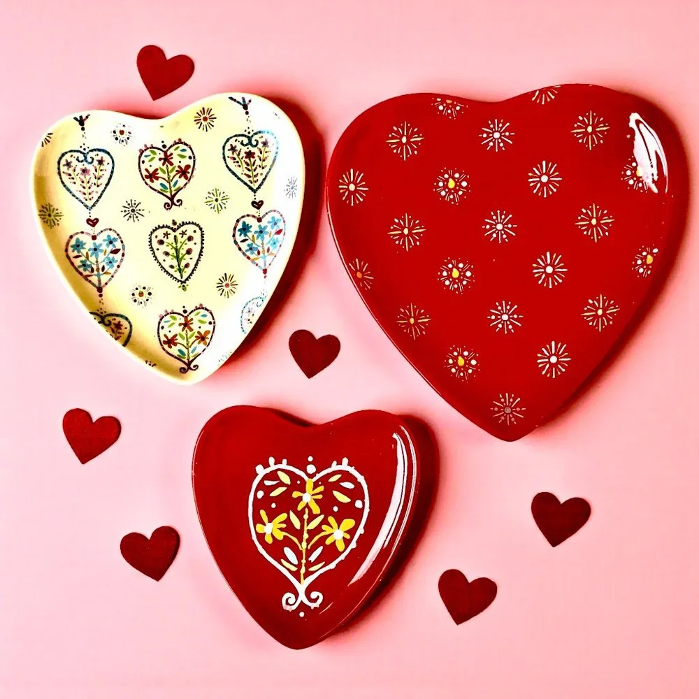 Department 56 Ceramic Trinket Dish Plate Heart Flowers Set of 3